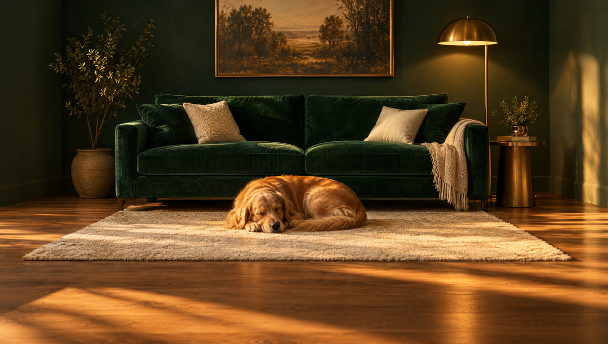 A golden retriever asleep in a calm emerald living room