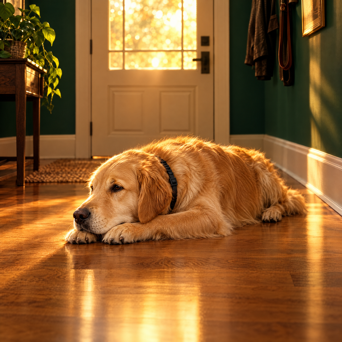Calmer when you leave: dog resting by the front door wearing the Softband collar
