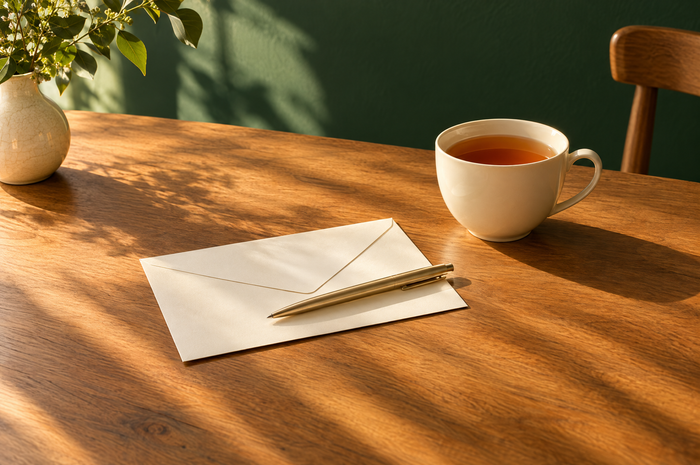 A blank envelope and pen on an oak table