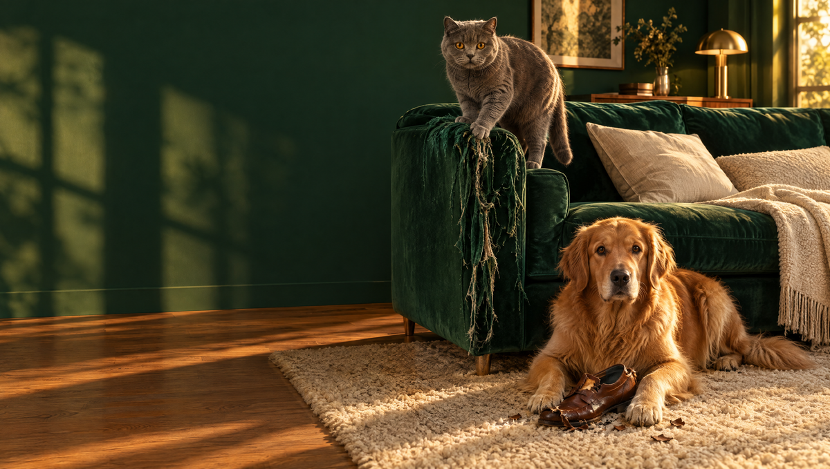 Cat clawing the sofa back, dog with a chewed shoe on the rug