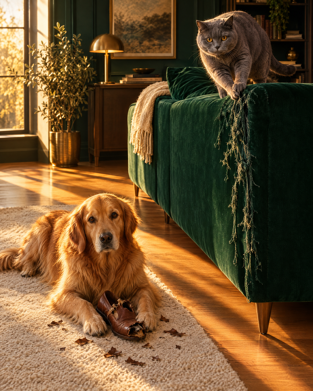 Cat clawing the sofa back, dog with a chewed shoe