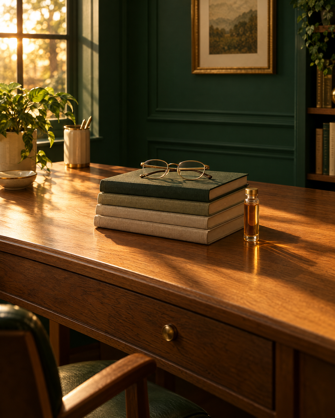 Journals and reading glasses on an oak desk