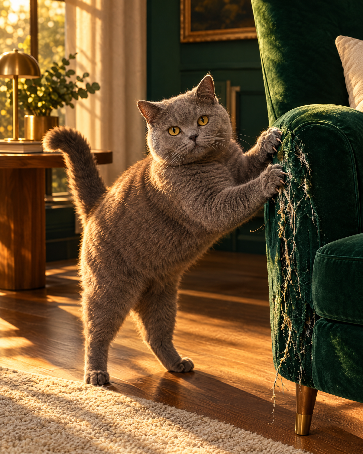 Cat clawing the arm of an emerald velvet chair