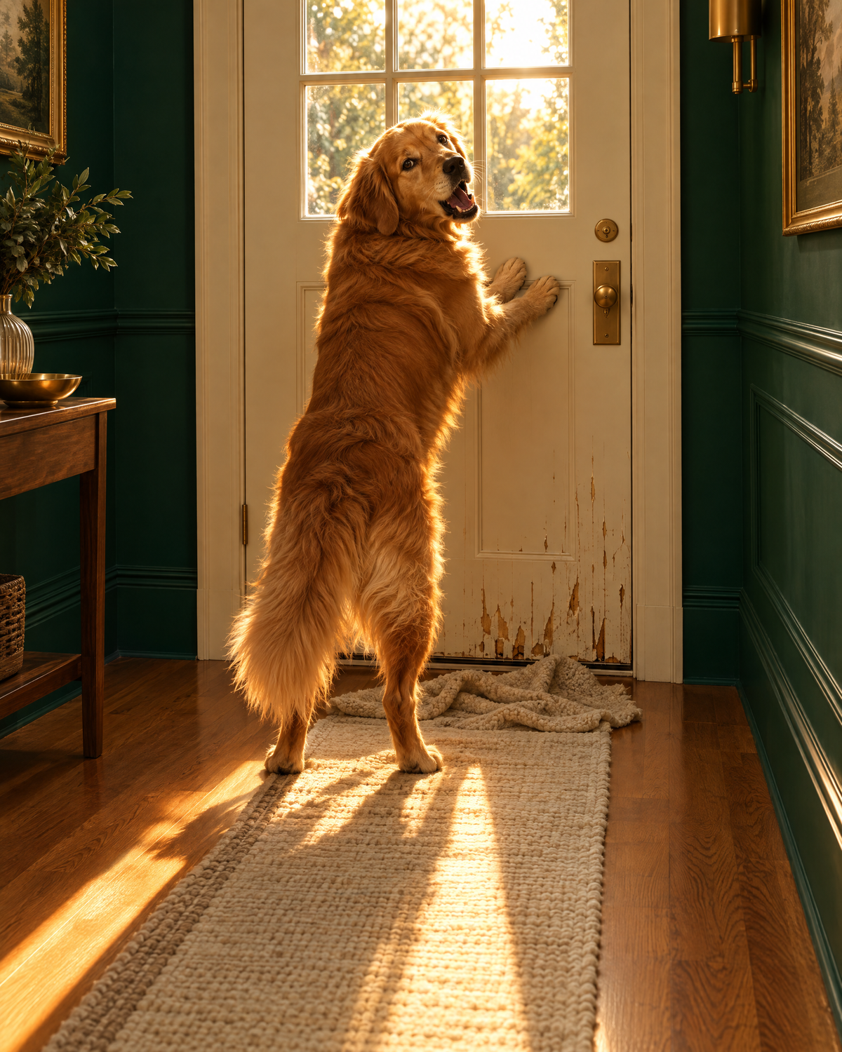 Dog barking at the scratched front door