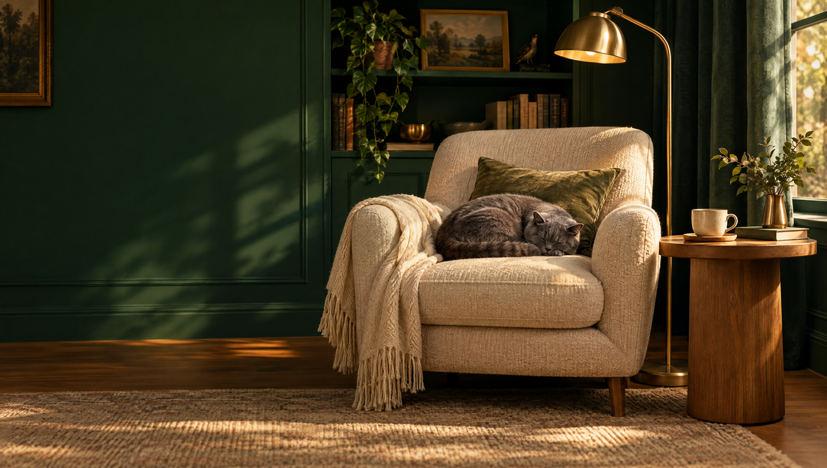 A quiet reading corner with a sleeping cat