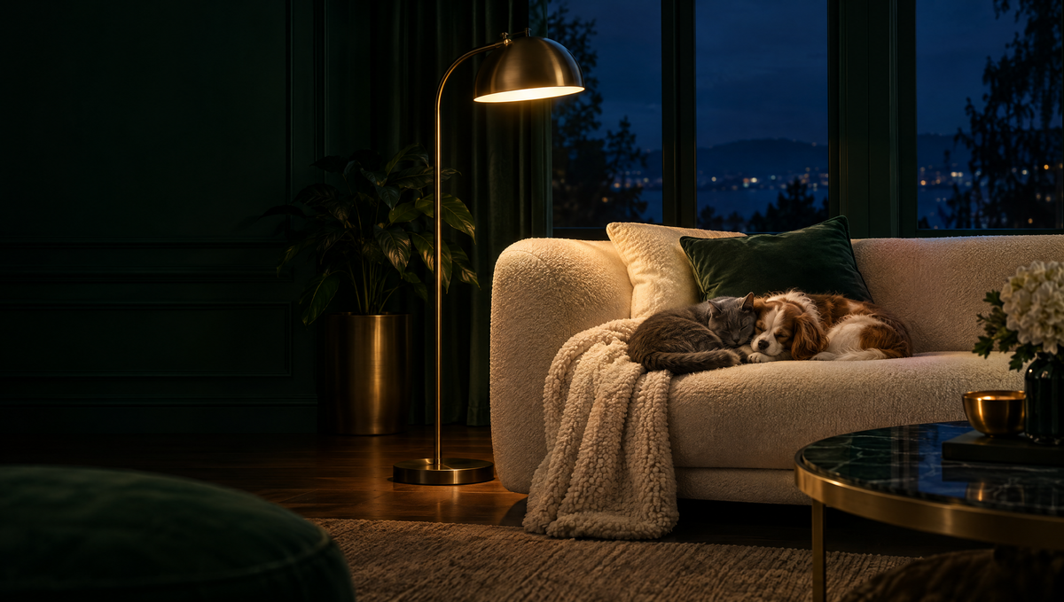 A cat and a dog asleep together at night