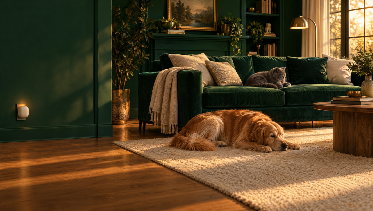 A calm living room with a cat and a dog