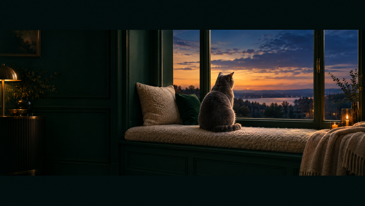 A cat on a window seat at dusk