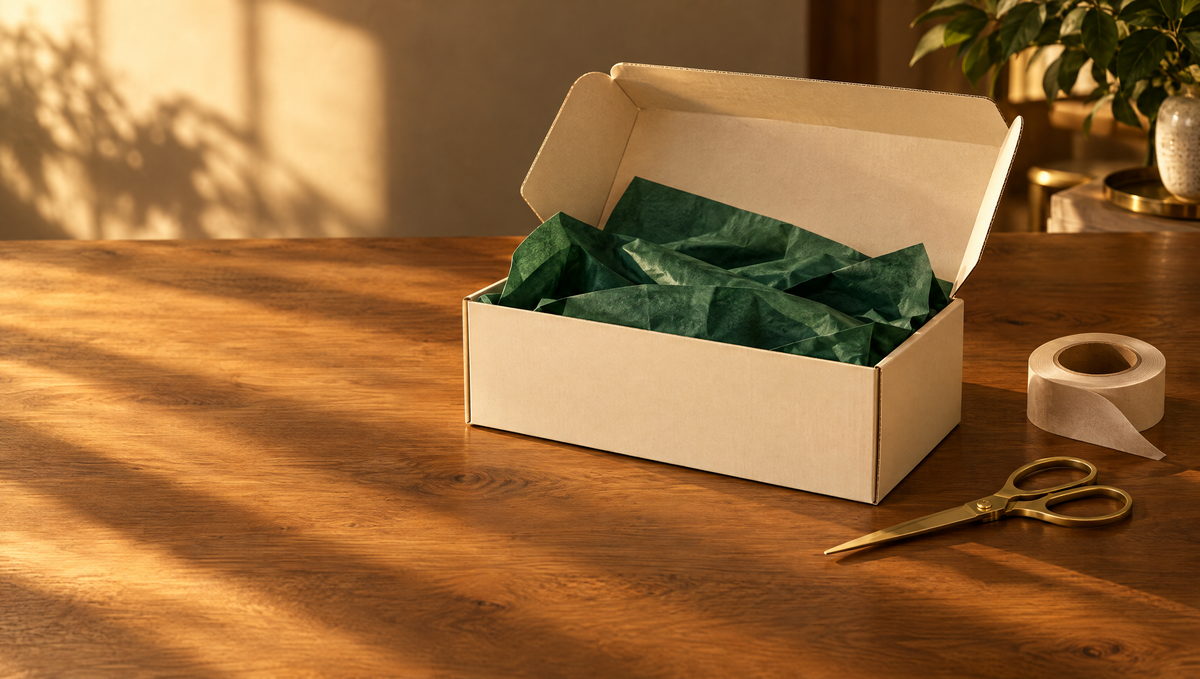 A plain shipping box open on an oak table