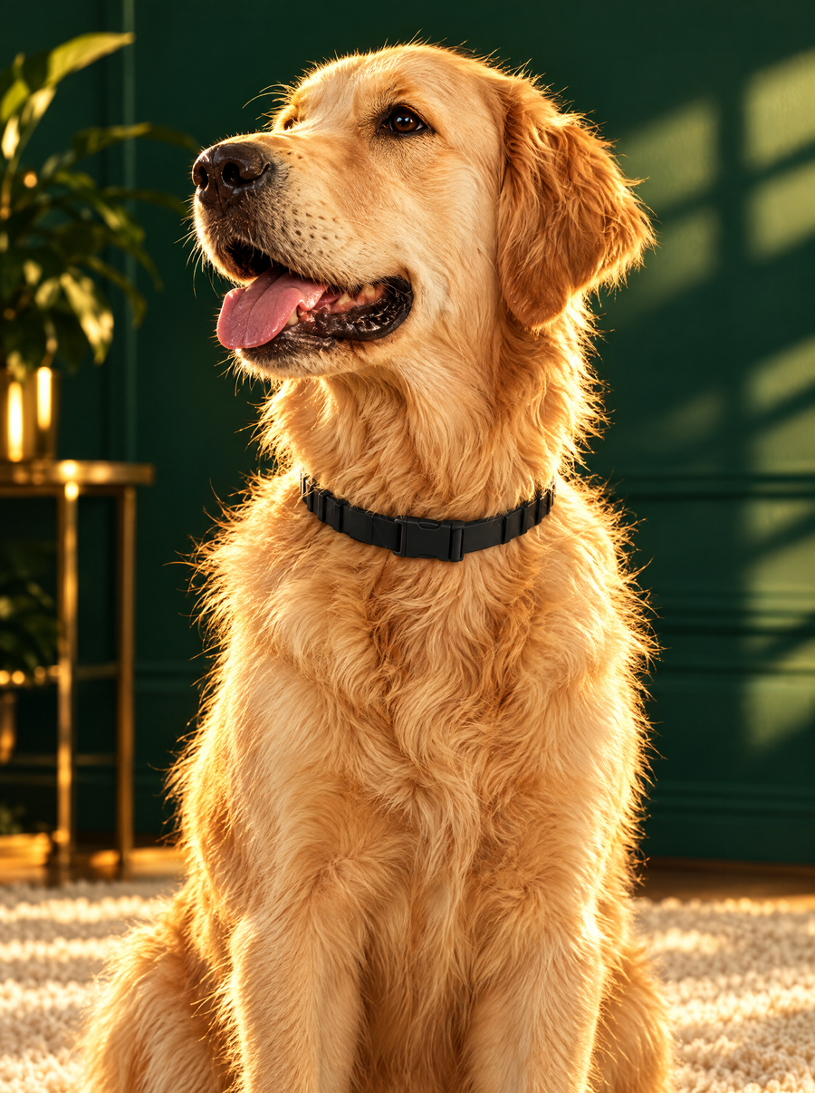 A dog wearing the black calming collar in warm evening light