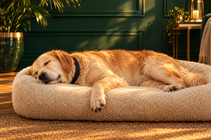 A dog asleep wearing the black collar