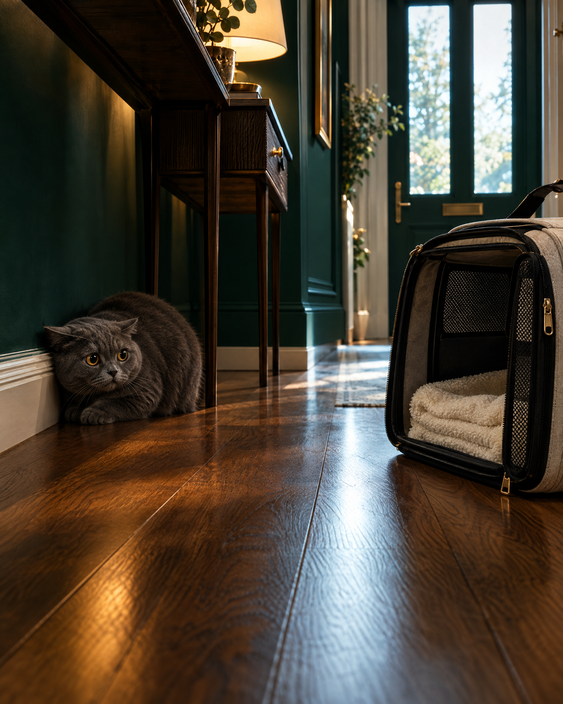 An open carrier by the door and a cat pressed against the skirting board, refusing