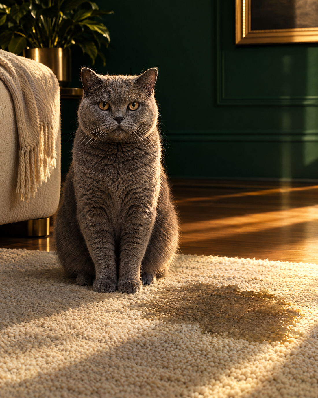A cat sitting upright beside a dark stain on the rug, looking at the camera