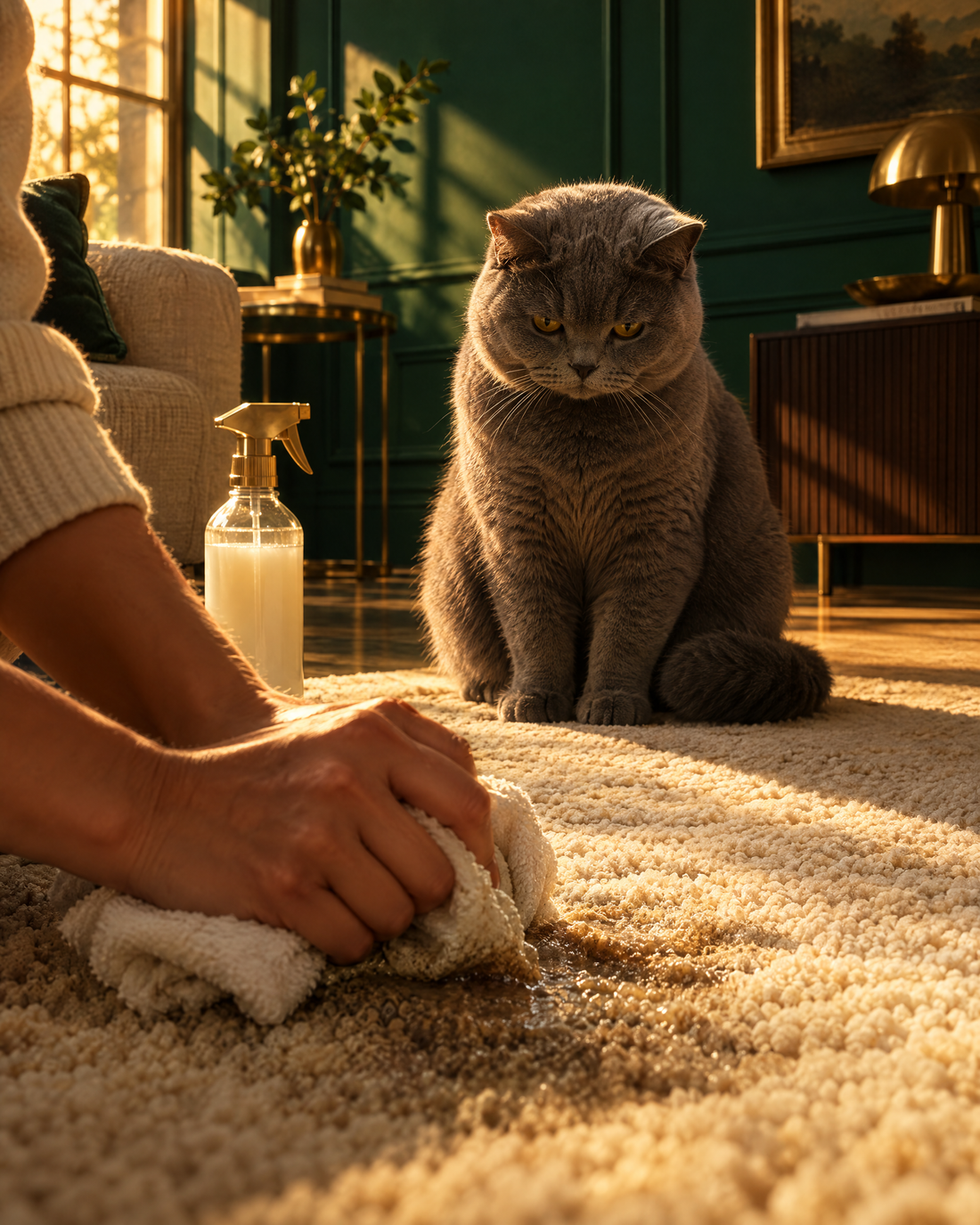 Hands scrubbing the rug while the cat watches the same spot