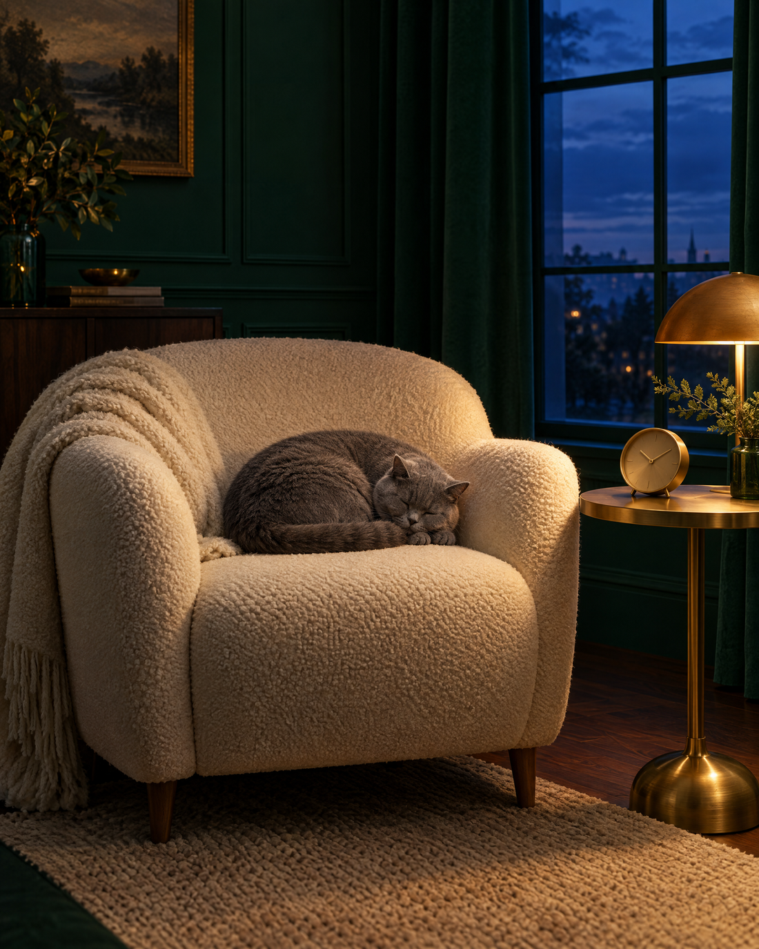 A cat asleep on a cream chair at dusk