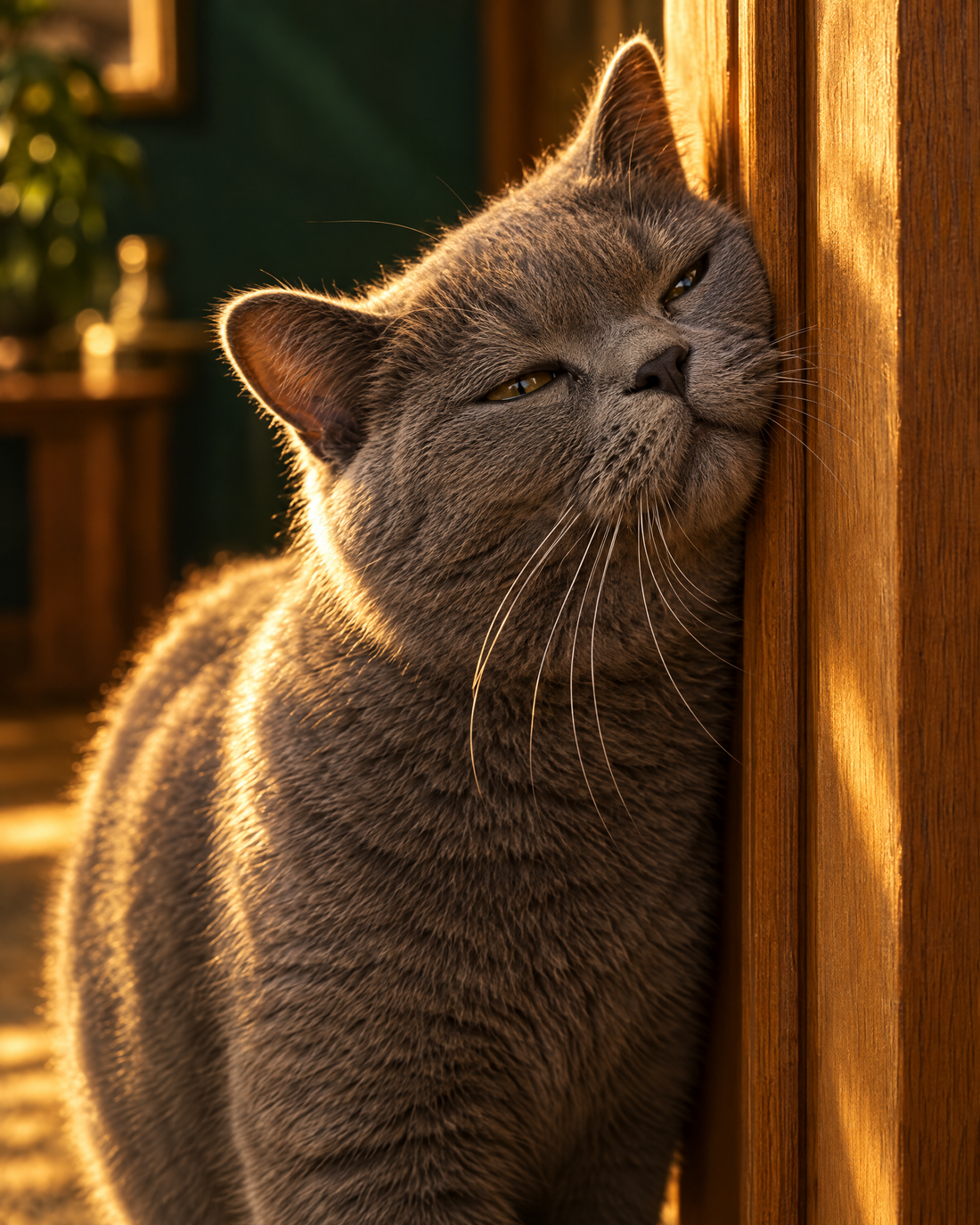 A cat marking a door frame with her cheek