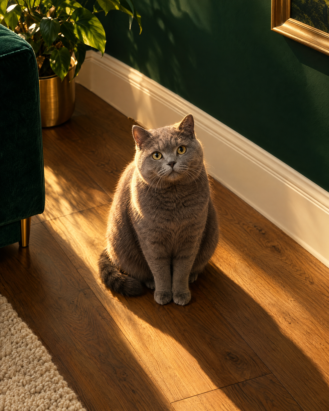 A cat sitting calmly by the skirting board, looking up