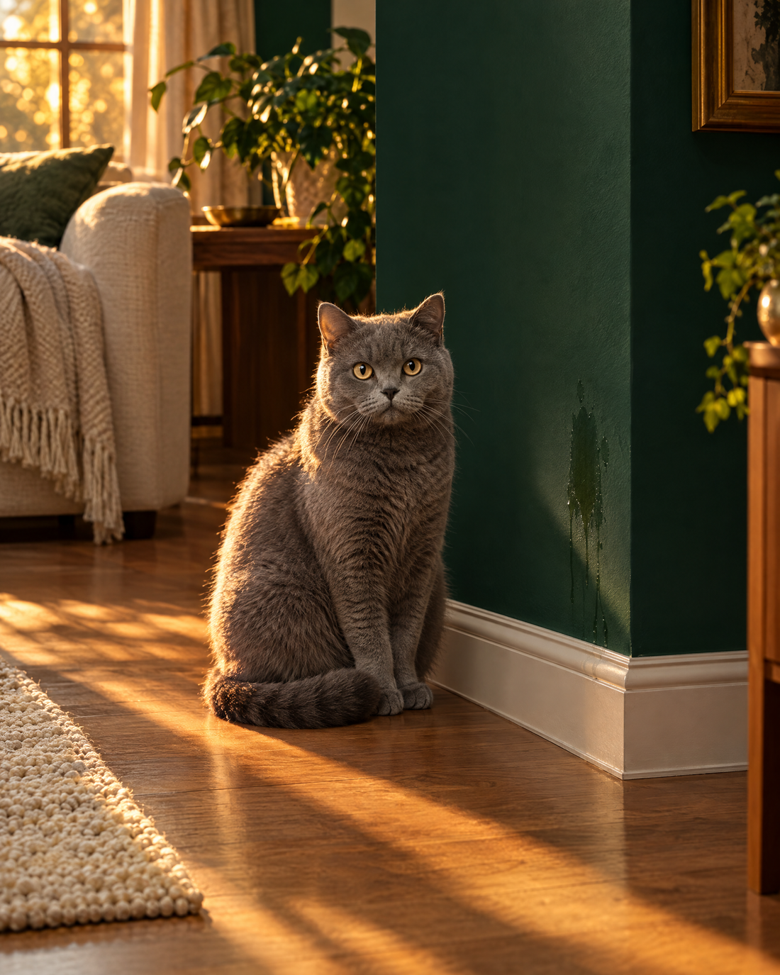 A cat beside a marked corner
