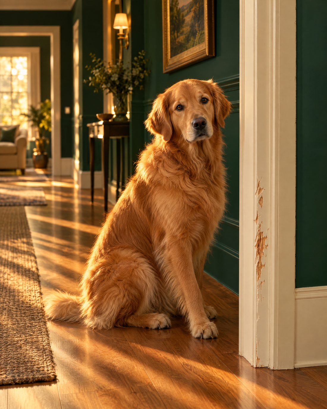 A dog beside a chewed door frame