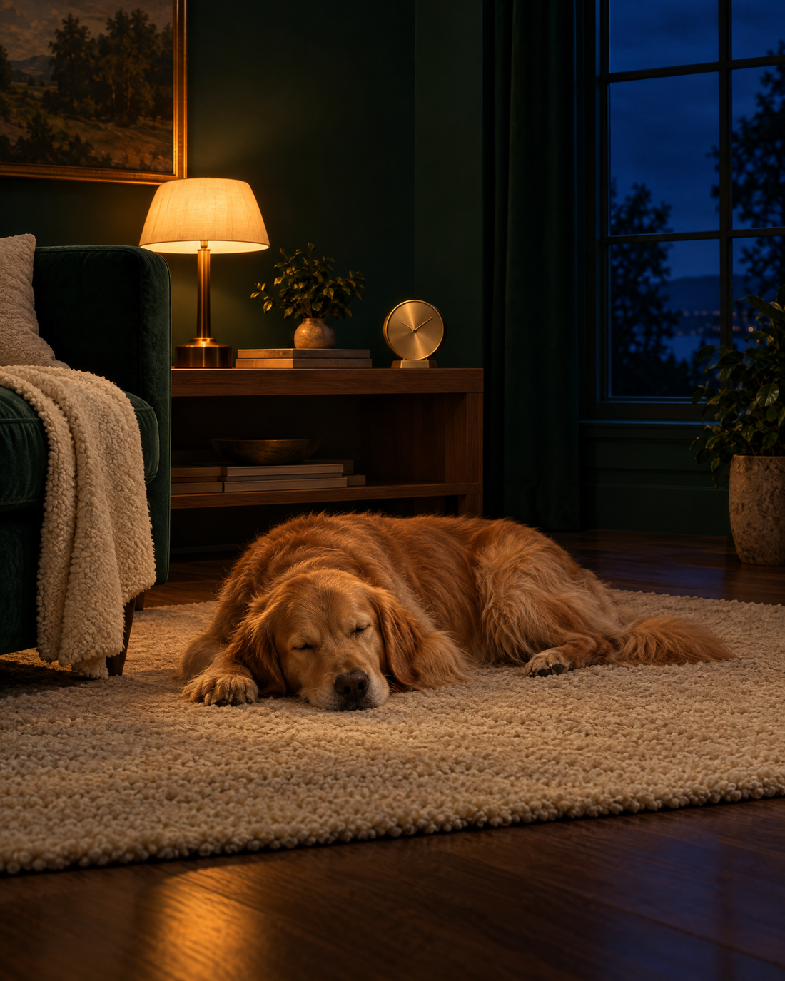 A dog asleep on a rug at dusk