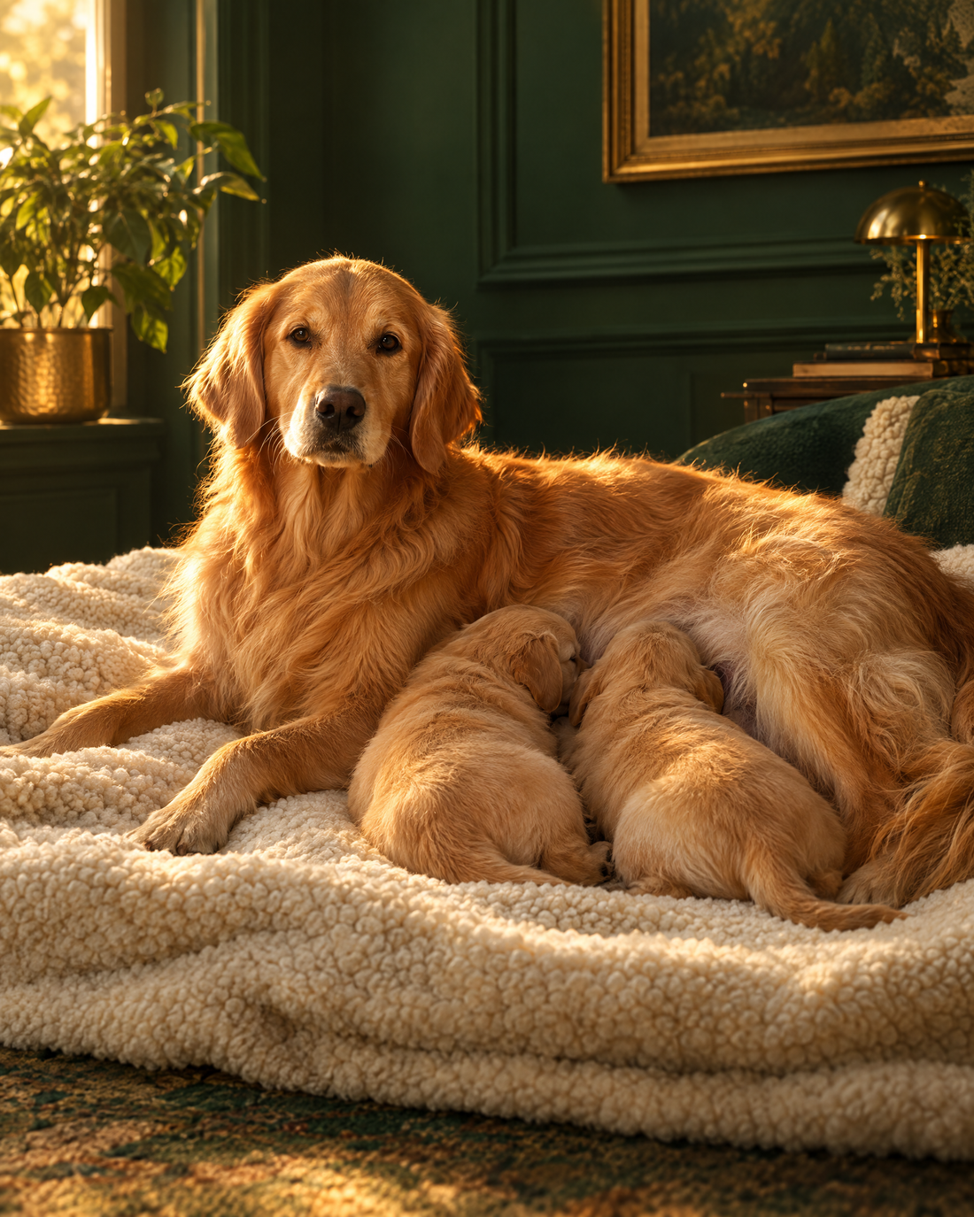 A mother dog with two nursing puppies