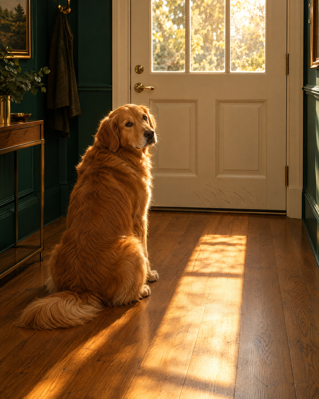 A dog sitting by the front door, looking back