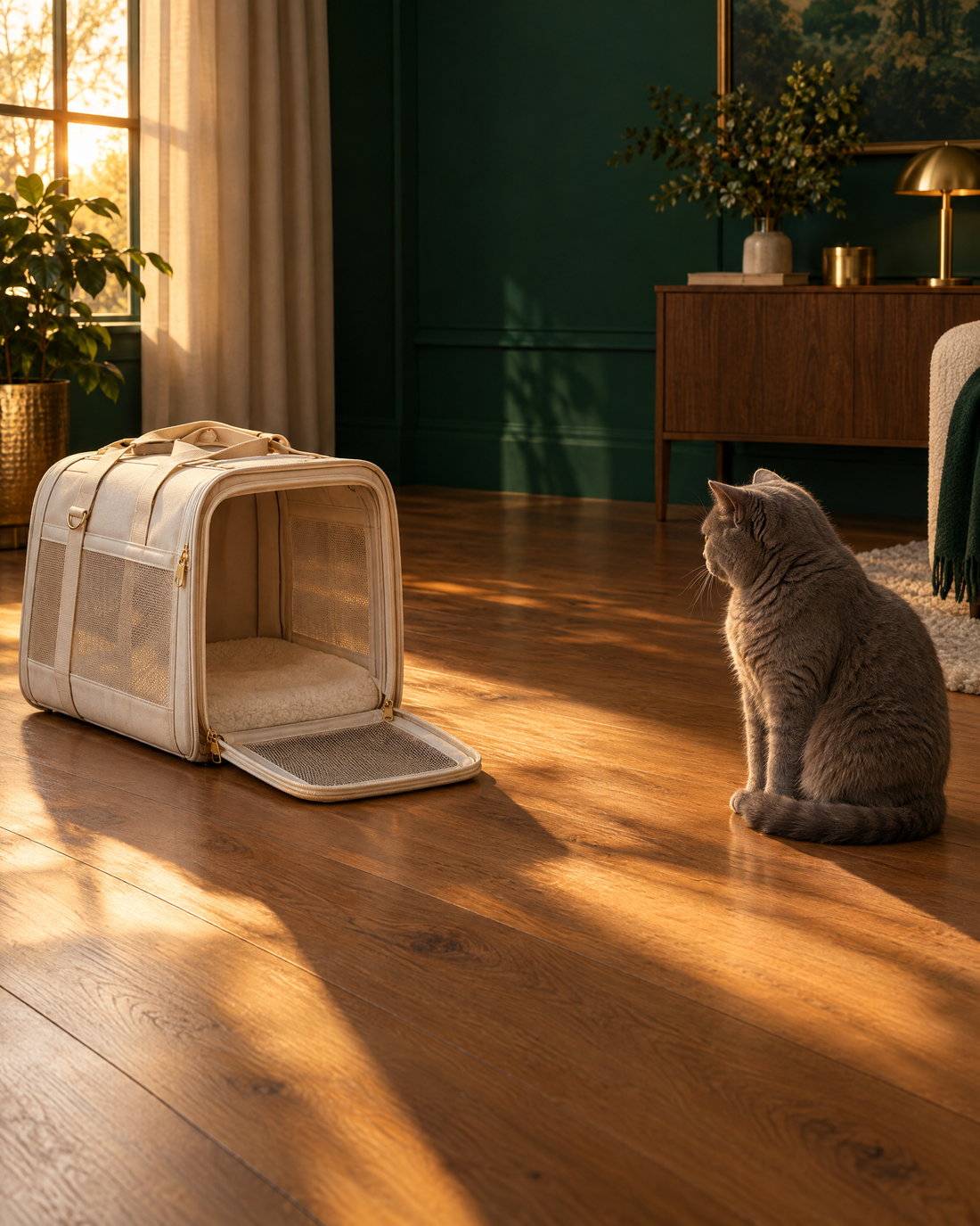 A cat refusing to enter an open carrier