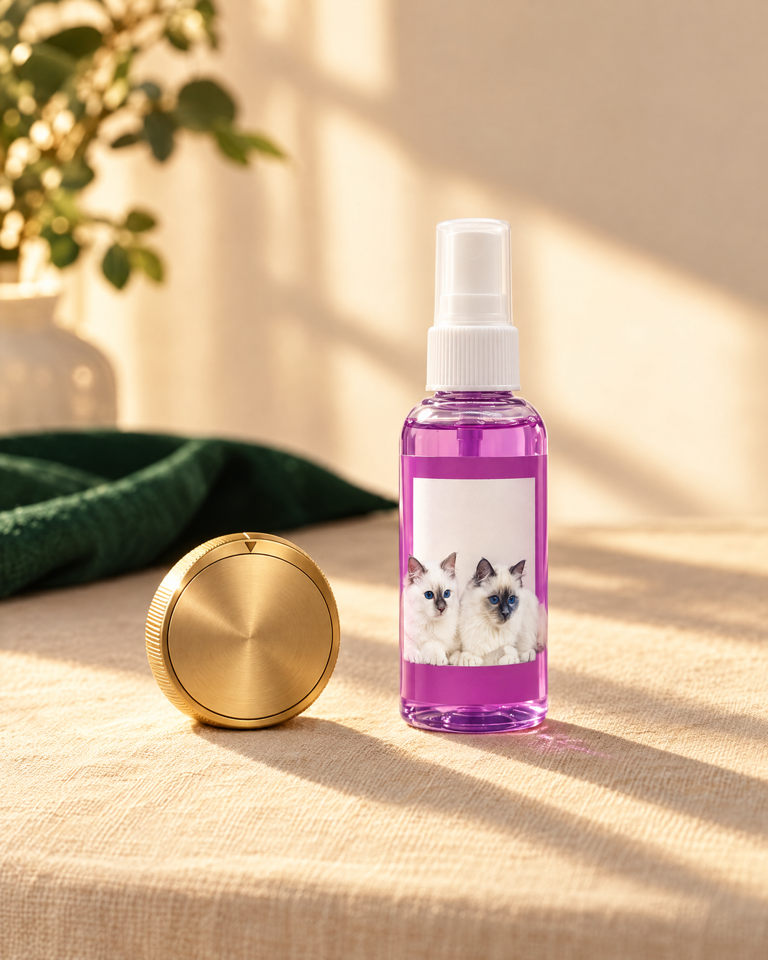 A brass timer beside the Quiet Mist bottle