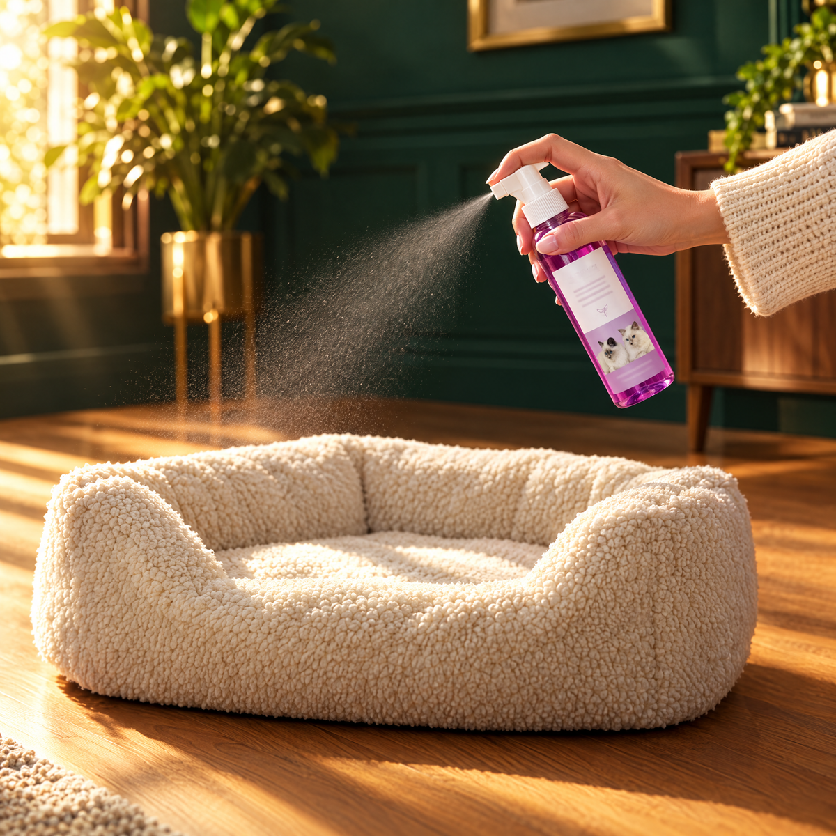Spray the bedding, never the animal
