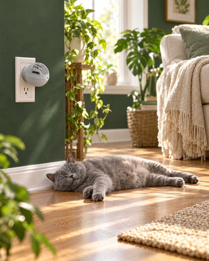 Day thirty: a cat stretched out fully relaxed on a sunlit floor, diffuser in the outlet behind
