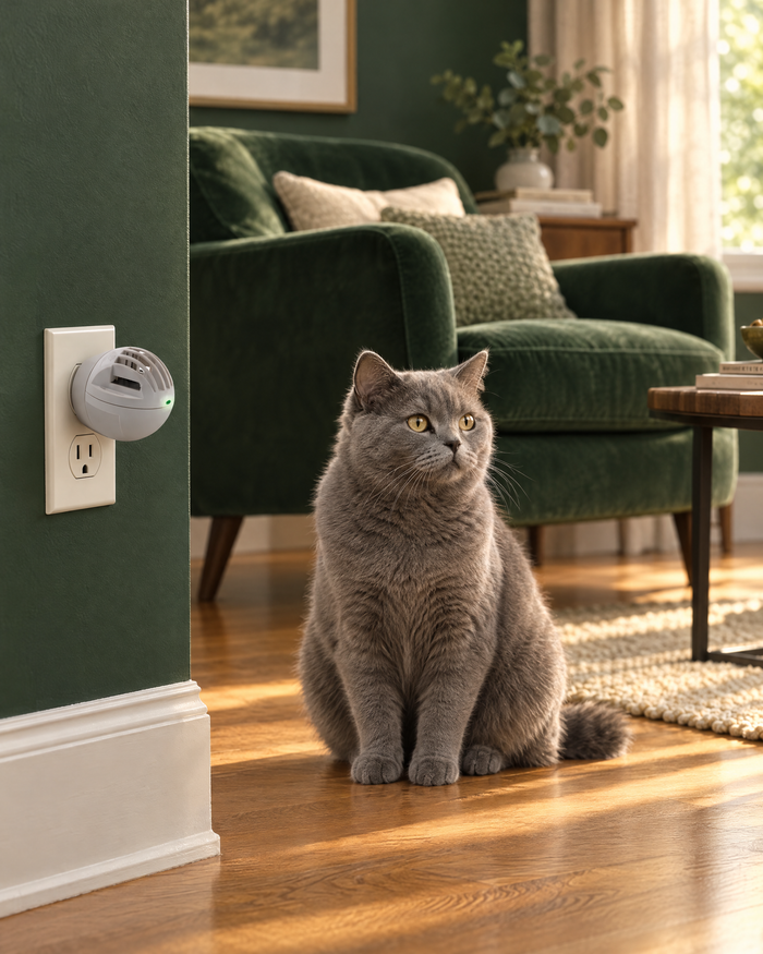 Living room with the Stillroom diffuser in the wall outlet and a cat sitting calmly on the floor