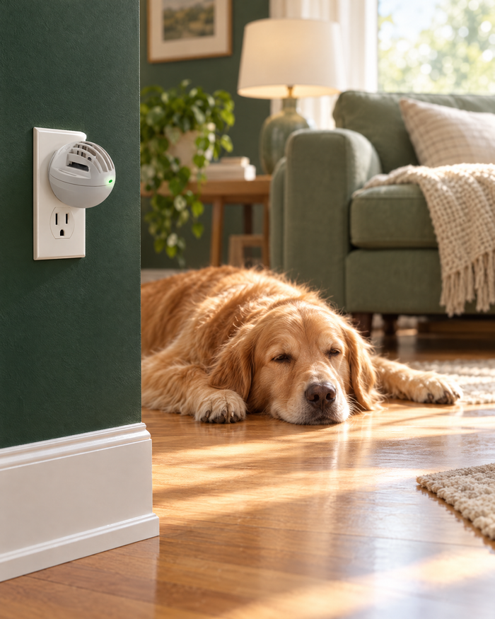 Day thirty: a dog lying fully relaxed on a sunlit floor, diffuser in the outlet behind