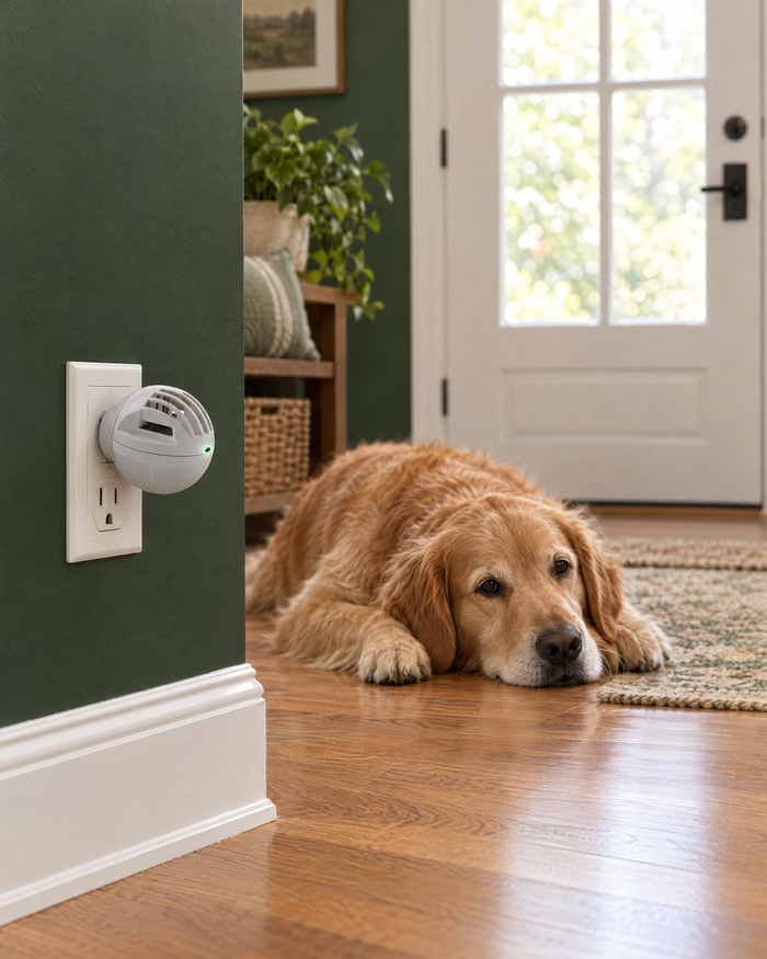Entrance hall with the Stillroom diffuser in the wall outlet and a settled dog by the front door