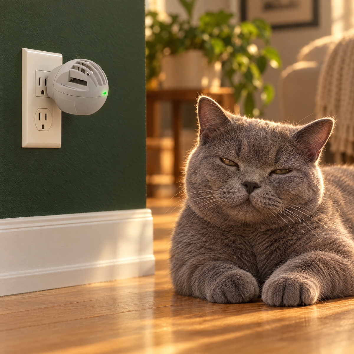 Stillroom calming diffuser plugged into a wall outlet, a calm grey cat resting on the floor beside it