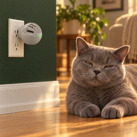 Stillroom calming diffuser plugged into a wall outlet, a calm grey cat resting on the floor beside it