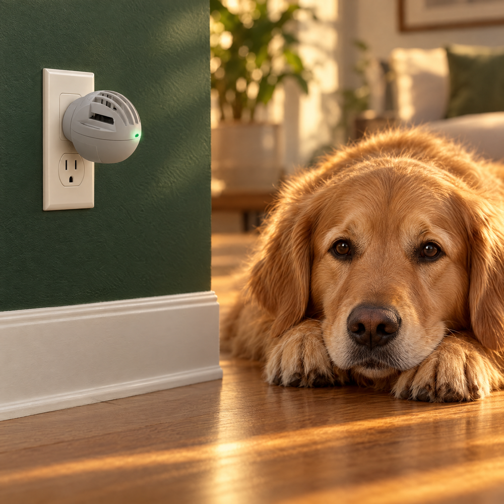 Stillroom calming diffuser plugged into a wall outlet, a calm golden retriever resting on the floor beside it