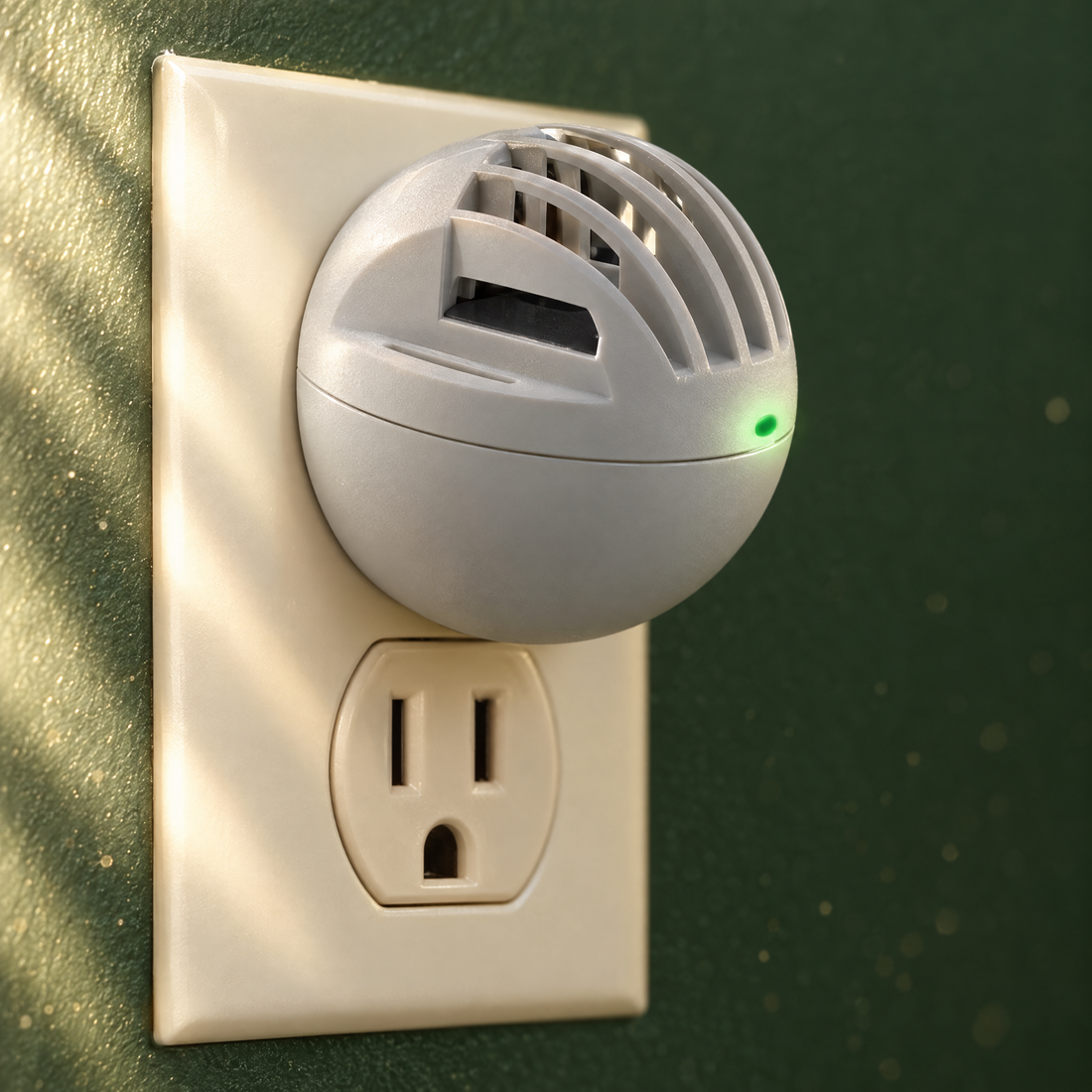 Close view of the Stillroom diffuser seated flush in a wall outlet, green indicator light on
