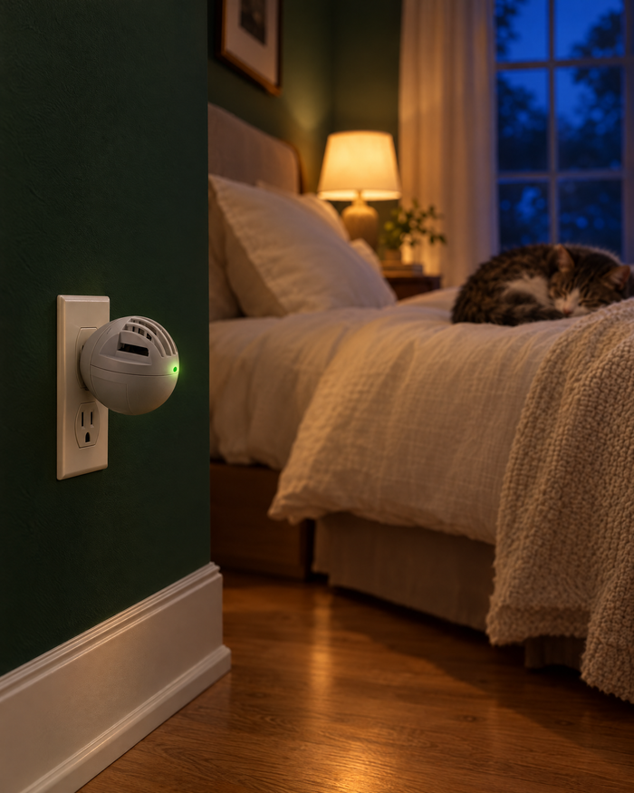 Bedroom at night, the Stillroom diffuser working quietly in the wall outlet