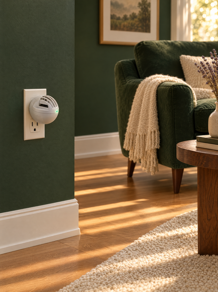 A quiet living room corner with the Stillroom diffuser in the wall outlet