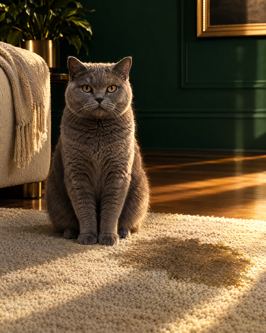 A cat sitting upright beside a dark stain on the rug, looking at the camera